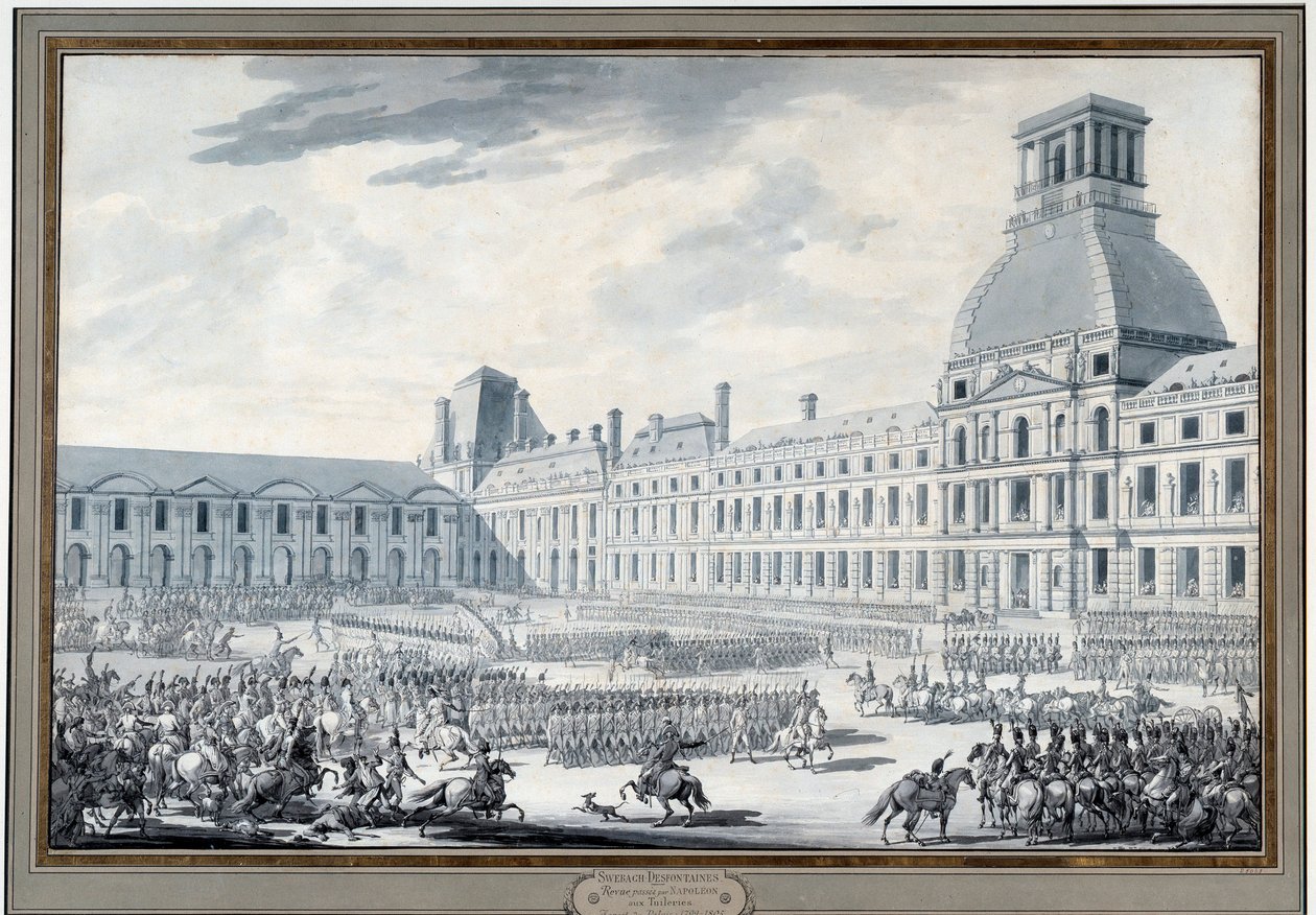 Revue des troupes af Napoleon Bonaparte (1769-1821) ved Tuilerierne Gravering af Jacques Swebach dit Fontaine (1769-1823) Paris fra det 19. århundrede, Musee Carnavalet af Jacques Francois Joseph Swebach