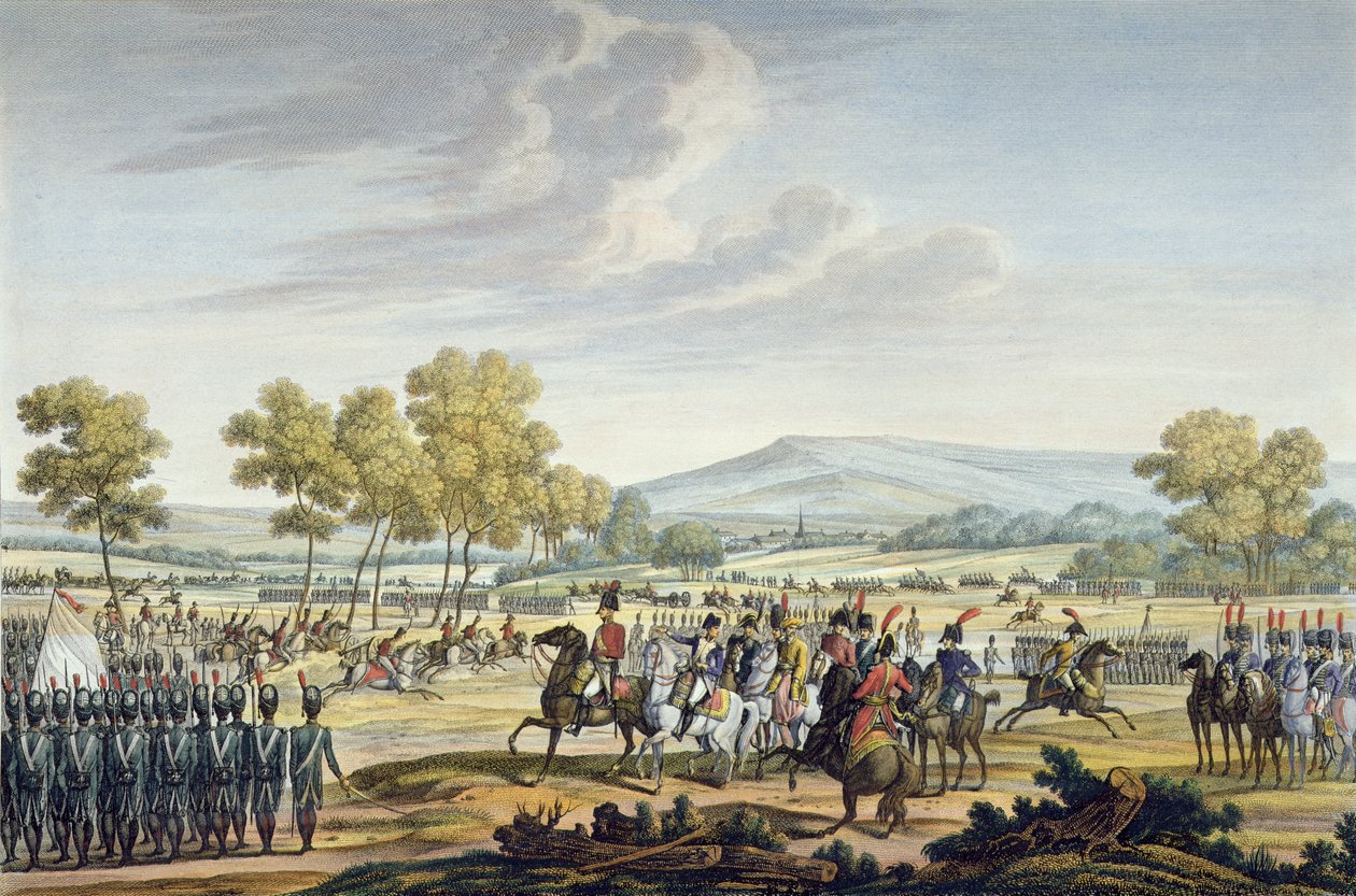 Den kejserlige garde manøvrerer i nærvær af de to kejsere ved Tilsit, 28. juni 1807, indgraveret af Edme Bovinet (1767-1832) (akvatint) af Jacques Francois Joseph Swebach