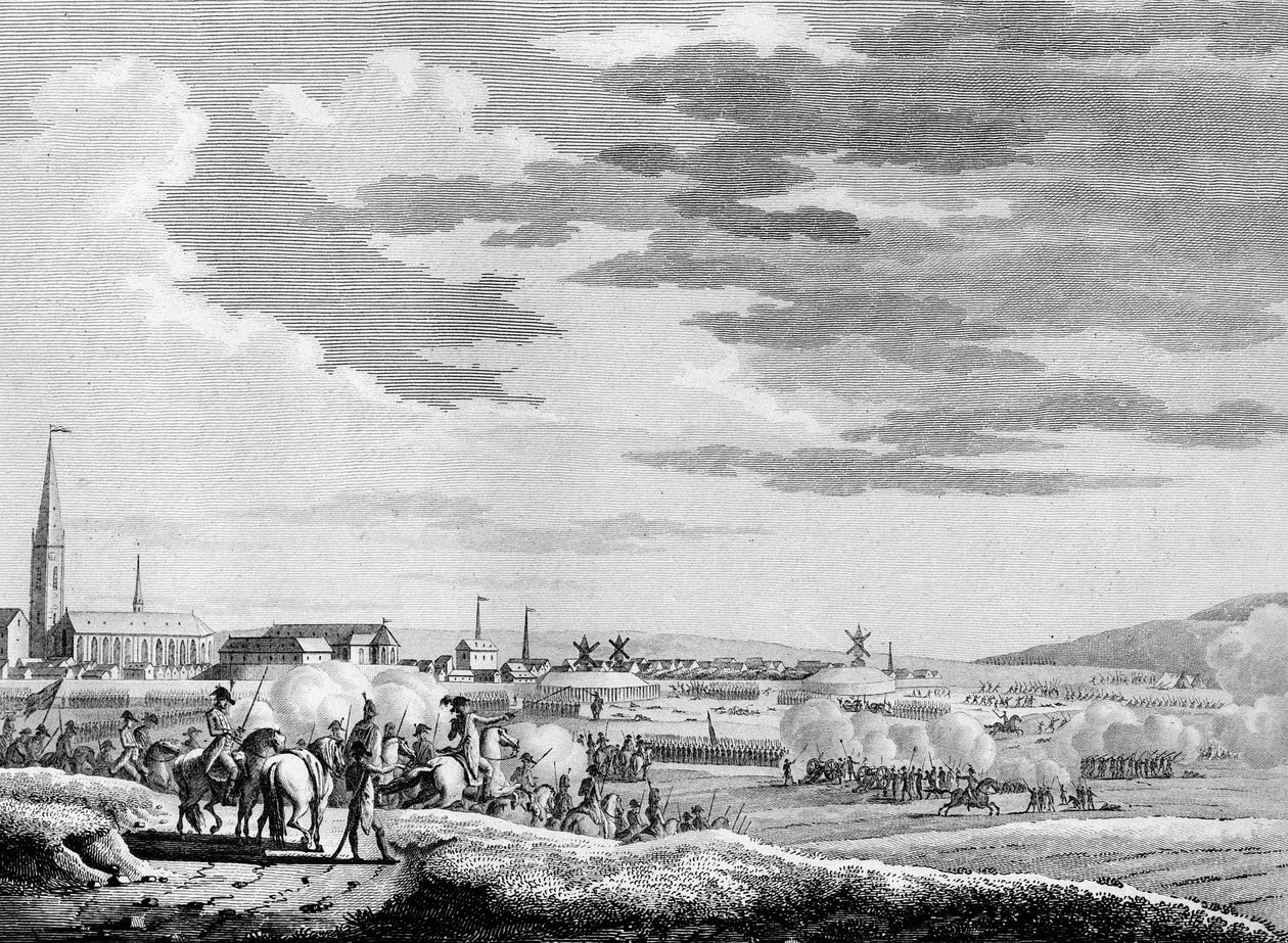 Den franske revolutions krig og antirevolutionære bevægelser: Fransk sejr i slaget ved Hondschoote nær Dunkerque mod de britiske og østrigske antirevolutionære tropper i 1793. Indgravering af Berthaut efter Swebach. Paris, Instituttets bibliotek af Jacques Francois Joseph Swebach