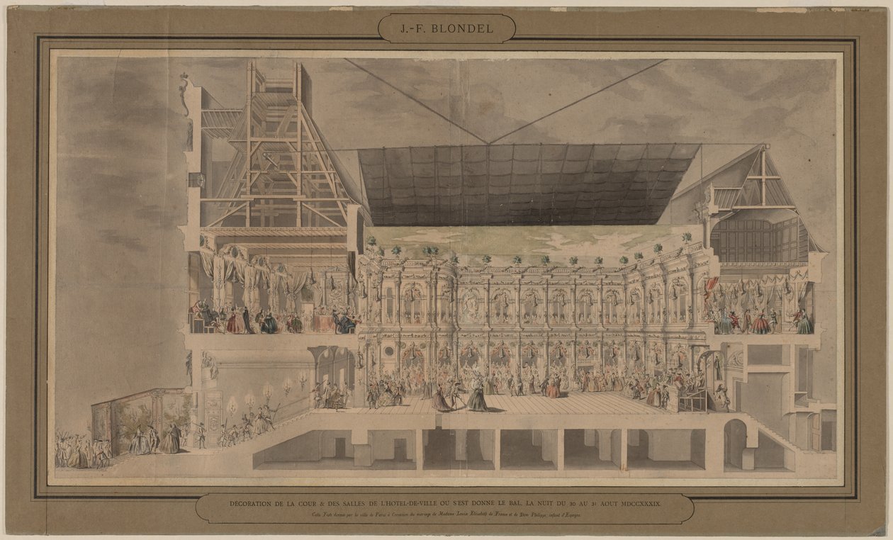 Tværsnit af Hôtel de Ville set i perspektiv viser udsmykningen og belysningen af gårdspladsen og værelser skabt i anledning af bal givet natten den 30. og 31. august 1739 af Jacques François Blondel