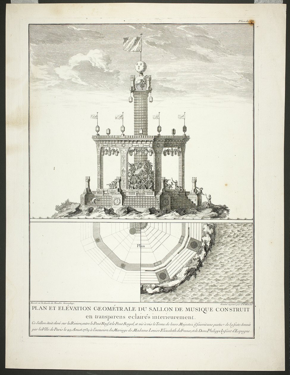 Plan og opstalt af en musiksal, planche tre fra Description des Festes Données par la Ville de Paris af Jacques François Blondel