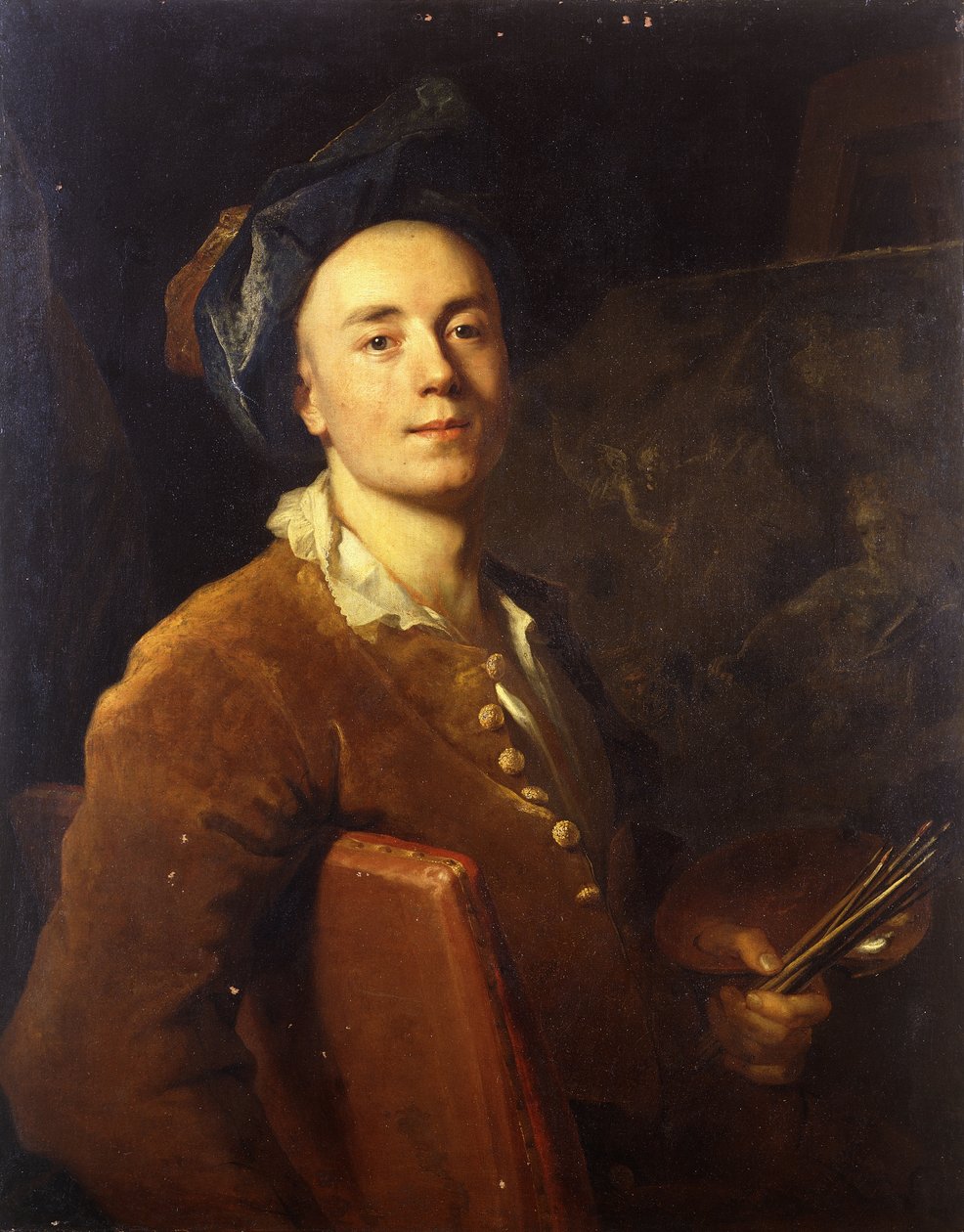 Portræt af kunstneren, siddende i halv længde, med en palet og børster, ca. 1710-15 af Jacques François Delyen