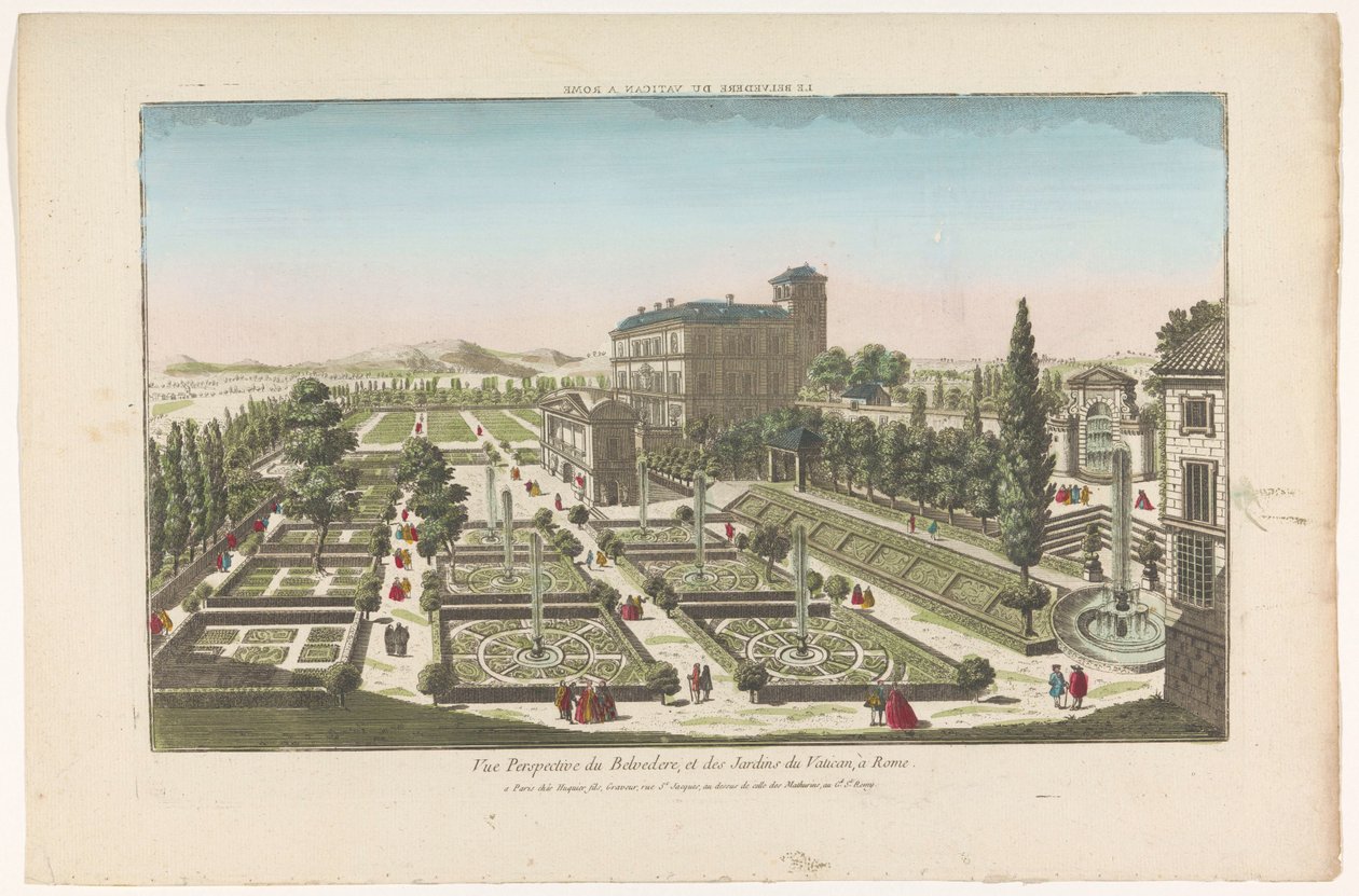 Udsigt over Giardini Vaticani i Vatikanstaten Le Belvedere du Vatican a Rom (titel på objekt) af Jacques Gabriel Huquier