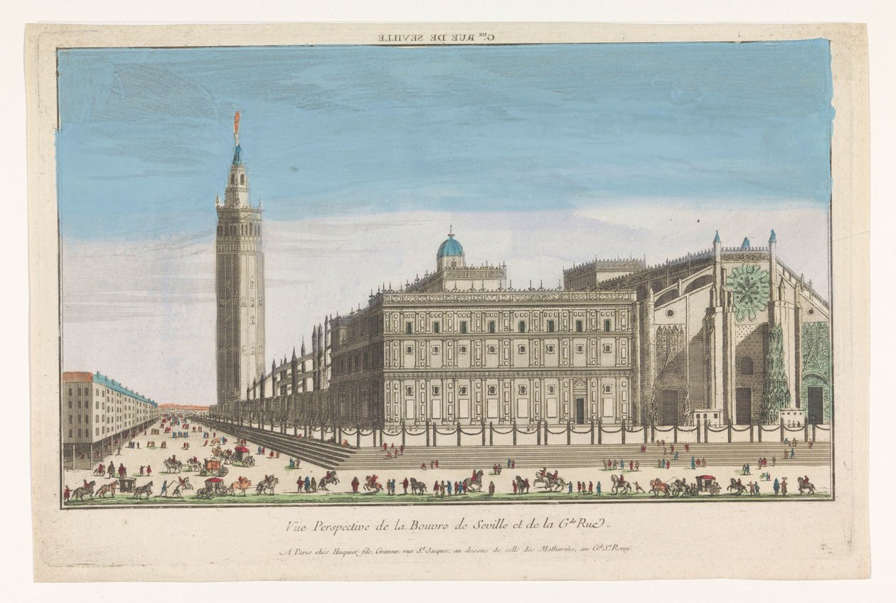Udsigt over katedralen i Sevilla Gde. rue de Seville (titel på objekt) af Jacques Gabriel Huquier