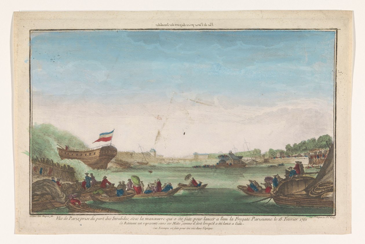 Udsigt over Port des Invalides i Paris med Paris fregattens død den 18. februar 1761 Vüe ​​​​de Paris prize du Port des Invalides (titel på objekt) af Jacques Gabriel Huquier