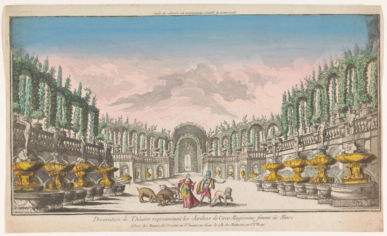 Udsigt over Circe .s have Decoration de théatre, repræsentativ les jardins de Circe (titel på objekt) af Jacques Gabriel Huquier