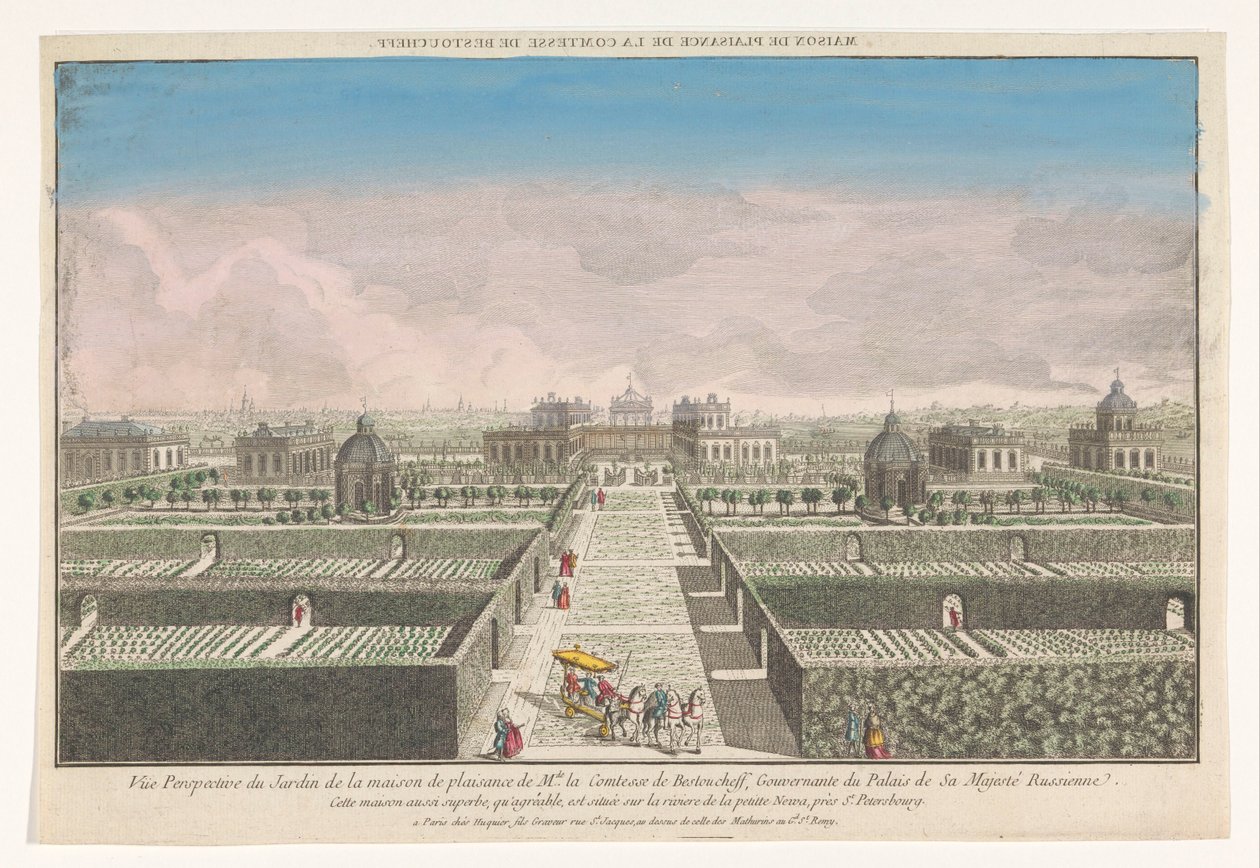 Udsigt over haven til grevinden af ​​Bestoucheffs landsted nær byen Sankt Petersborg Maison de plaisance de la comtesse de Bestoucheff (titel på objektet) af Jacques Gabriel Huquier