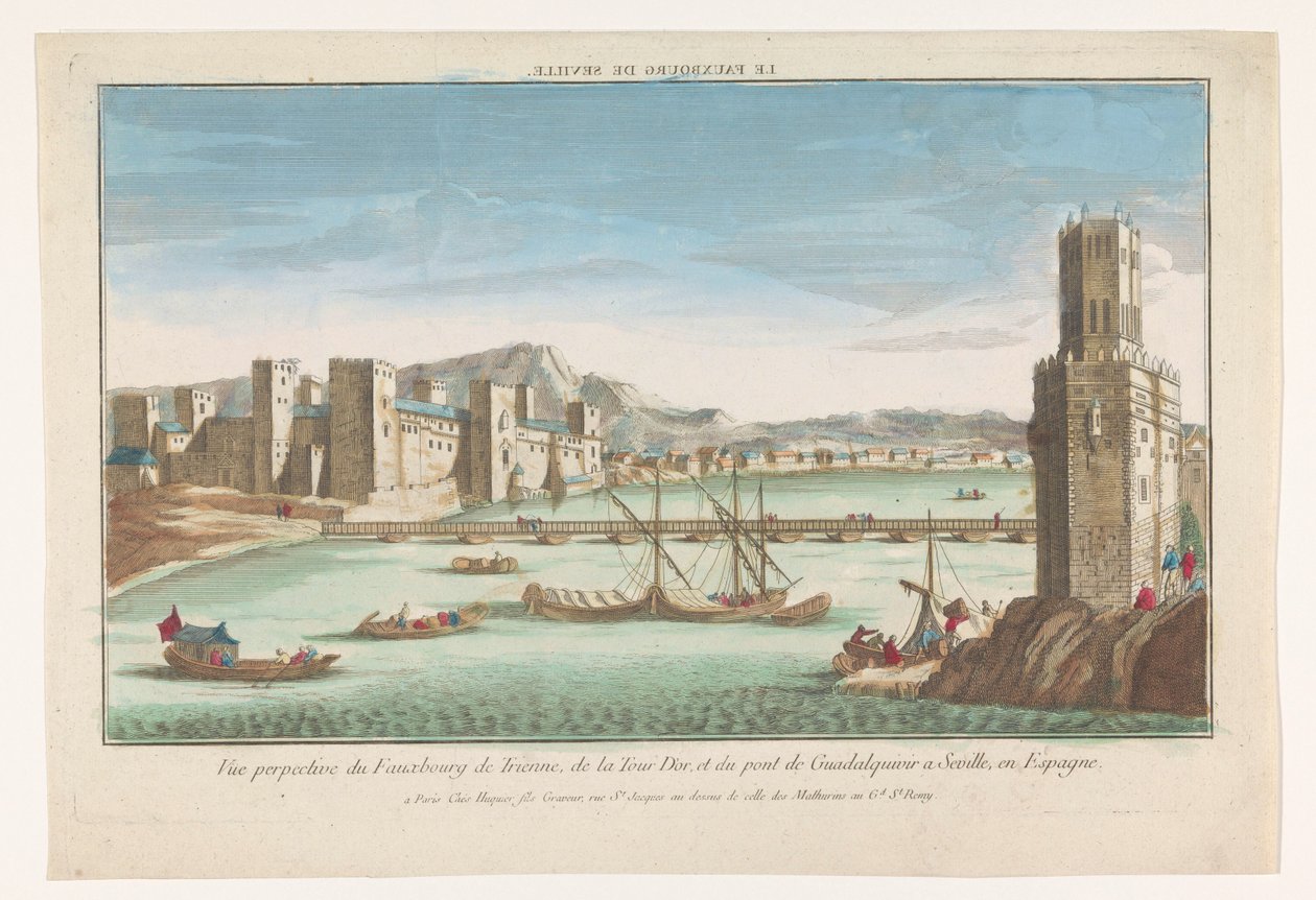 Udsigt over Triana-distriktet, en bro over floden Guadalquivir og Torre del Oro i Sevilla Le fauxbourg de Seville (titel på objekt) af Jacques Gabriel Huquier
