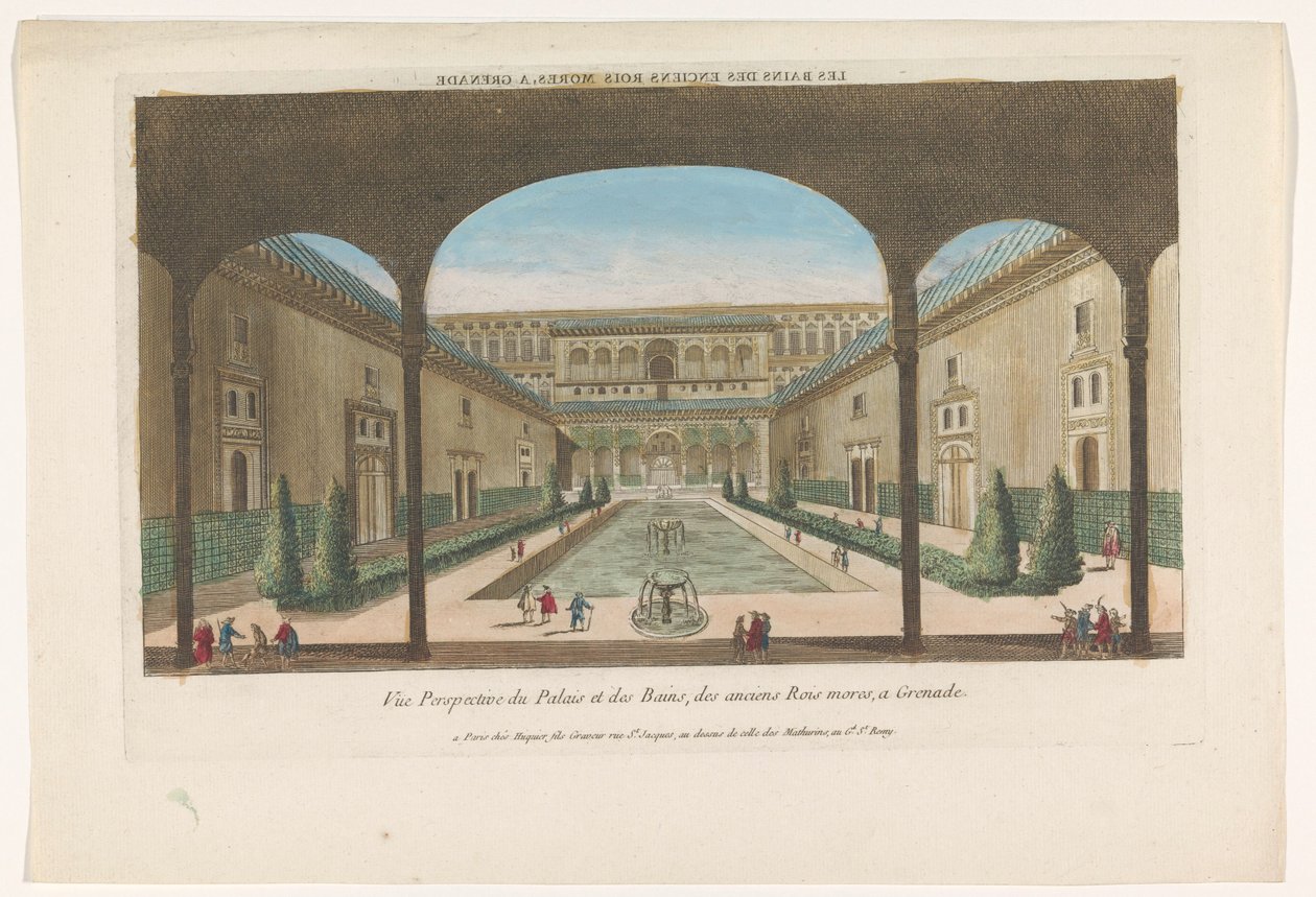 Udsigt over en gårdhave med springvand fra Alhambra i Granada Les bains des enciens rois Mores, en granat (titel på objekt) af Jacques Gabriel Huquier