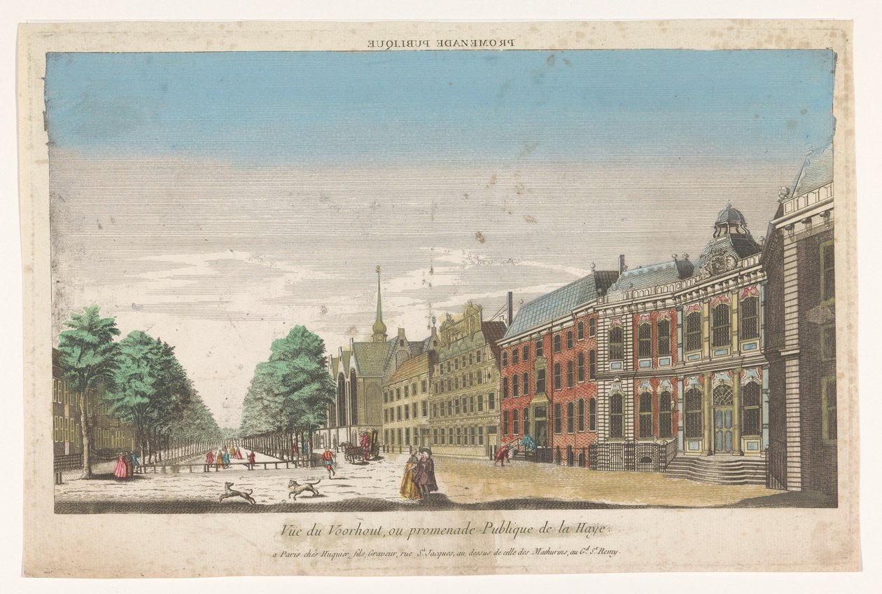 Udsigt over Lange Voorhout i Haag Promenade publique (titel på objekt) af Jacques Gabriel Huquier