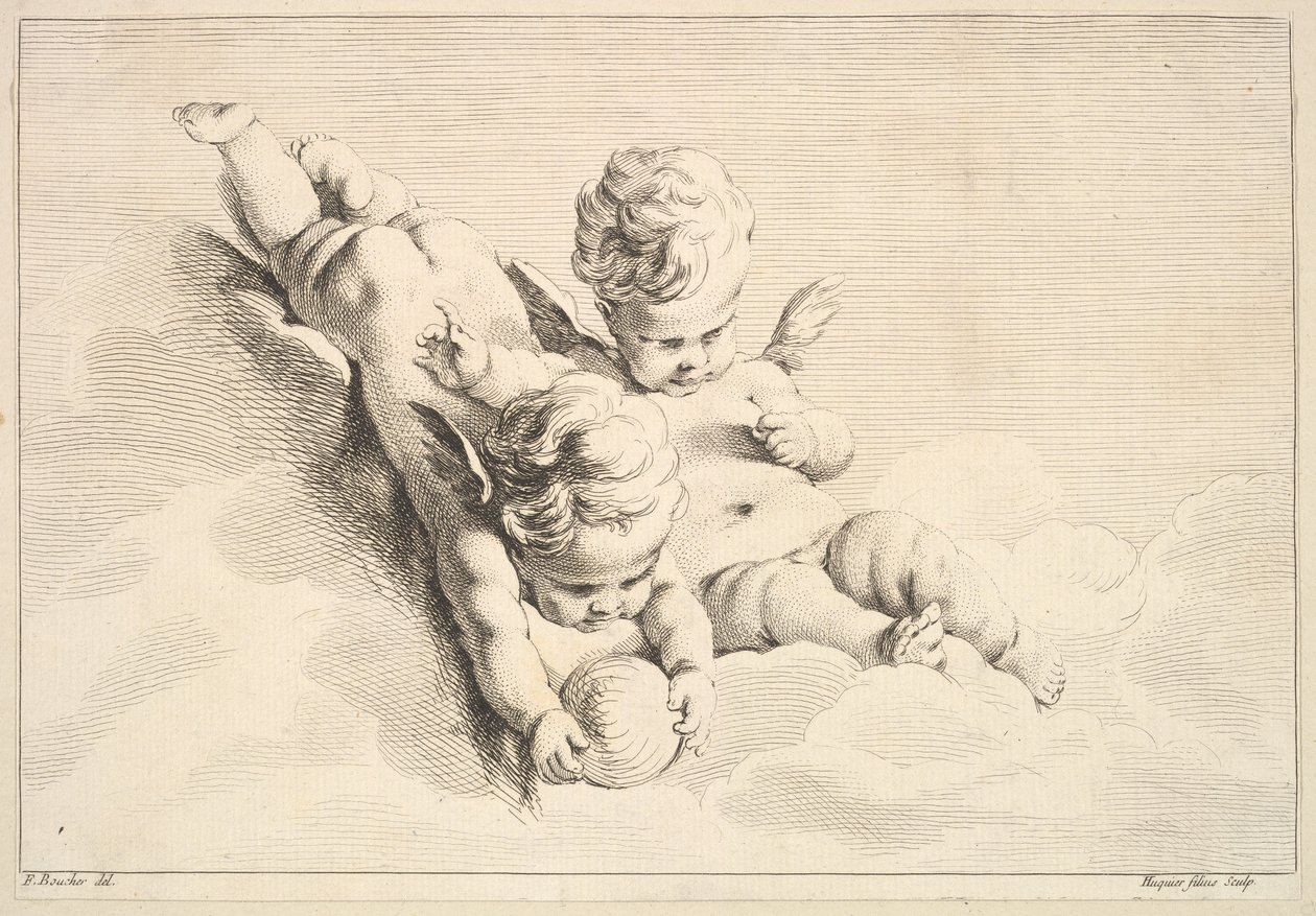 Two Cupids, One Holding a Ball, midten til slutningen af det 18. århundrede. af Jacques Gabriel Huquier