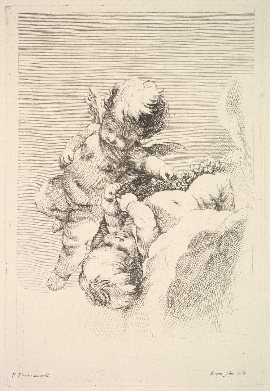 Two Cupids, One Holding a Wreath, midten til slutningen af det 18. århundrede. af Jacques Gabriel Huquier