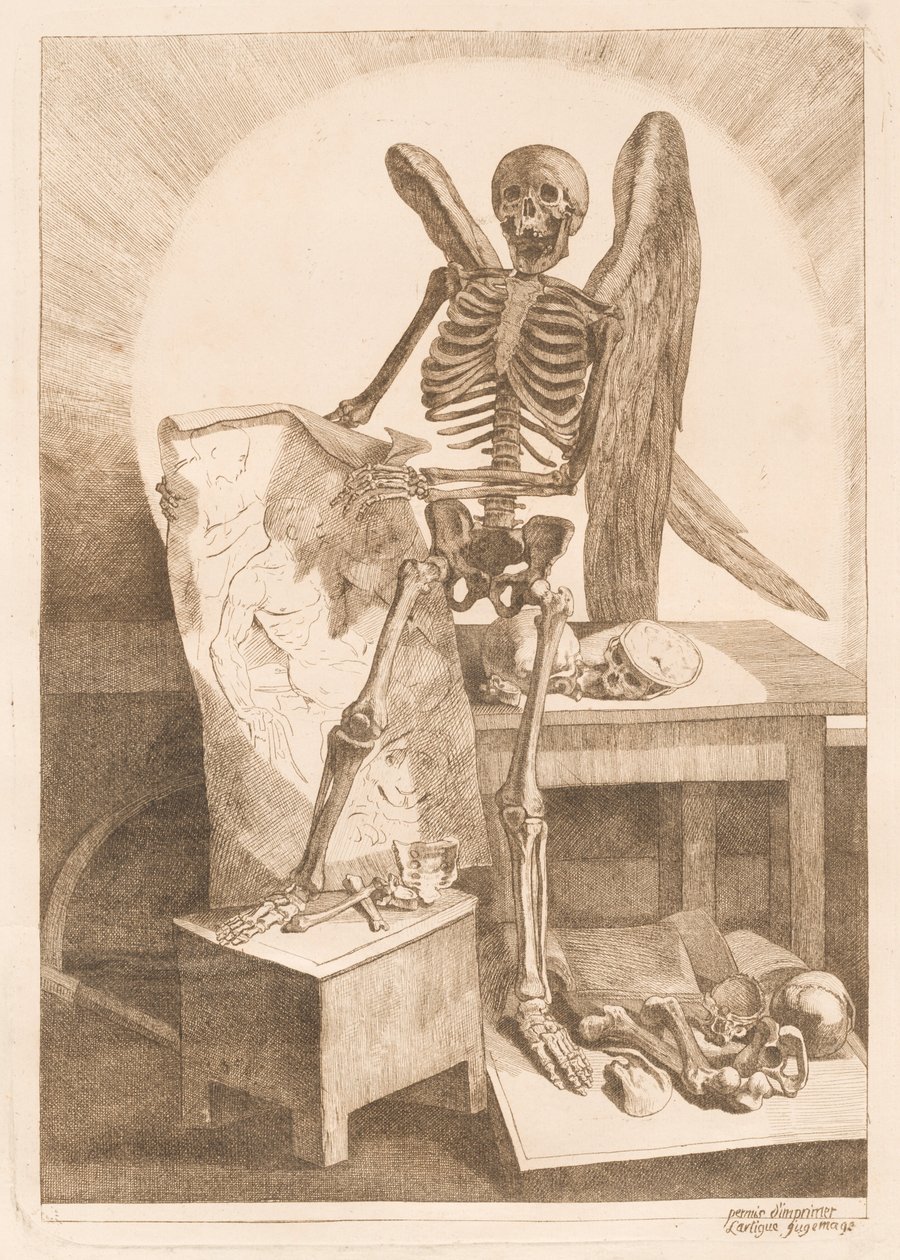 Et bevinget skelet, der holder en anatomisk tegning af Jacques Gamelin