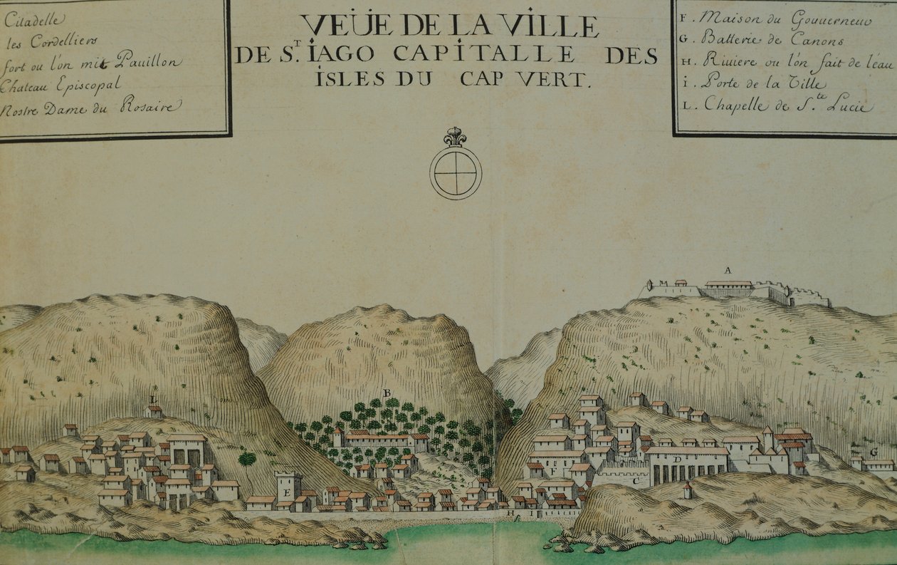 Byen Saint Jago (Santiago) på Kap Verde, akvarel fra logbogen ført af Jacques Gouin de Beauchesne, skibskaptajn i Sydhavet fra 1698 til 1701. af Jacques Gouin de Beauchesne