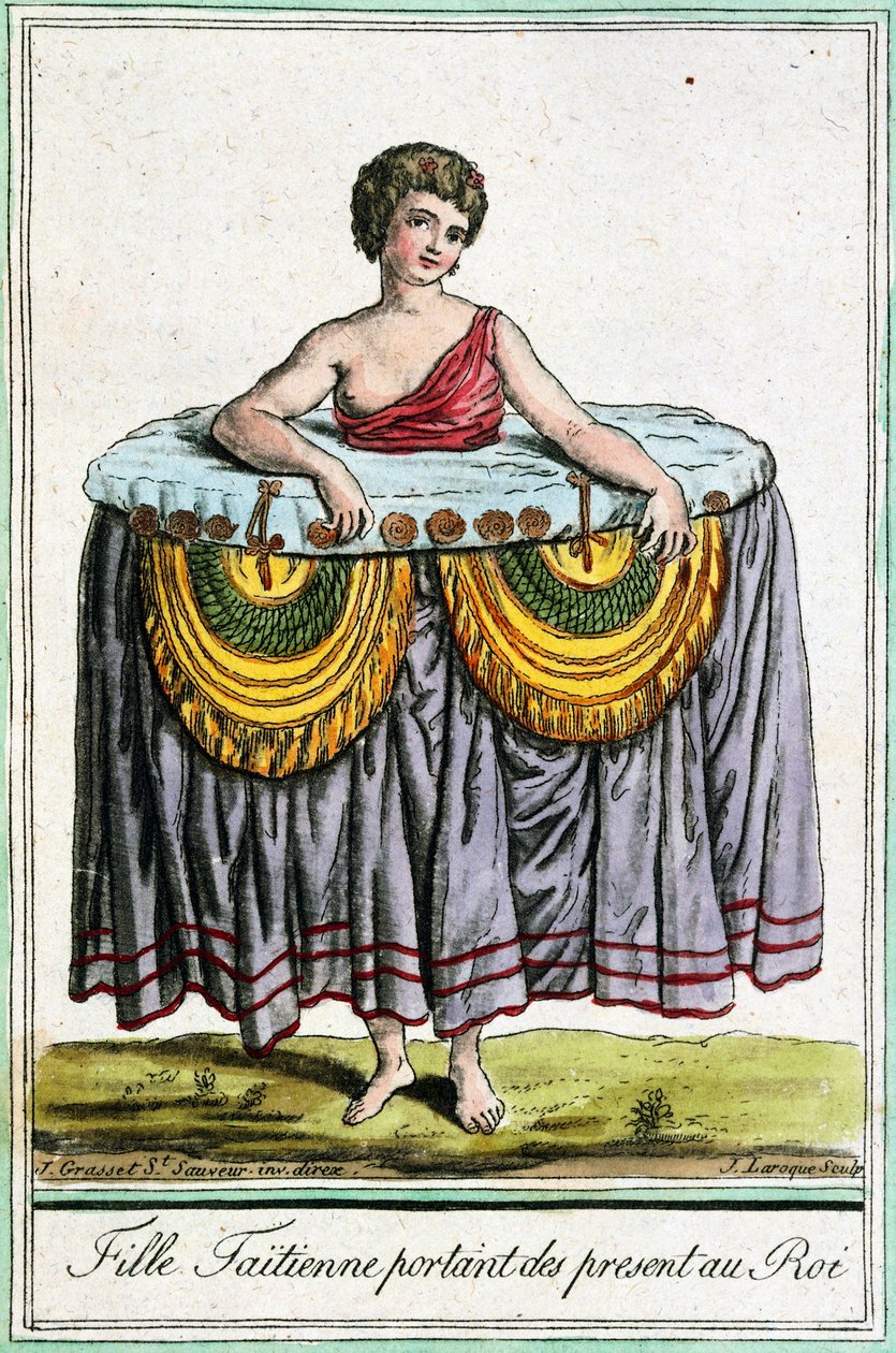 Ung kvinde tilbyder gaver til kongen, Tahiti, Society Islands, gravering fra Encyclopedia of voyages, af Jacques Grasset de Saint-Sauveur (1757-1810) af Jacques Grasset de Saint Sauveur