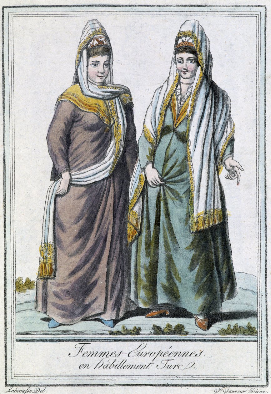 Europæiske kvinder i tyrkisk påklædning - i "" Encyclopédie des voyages"" af Grasset Saint Sauveur, red. Paris 1796 af Jacques Grasset de Saint Sauveur