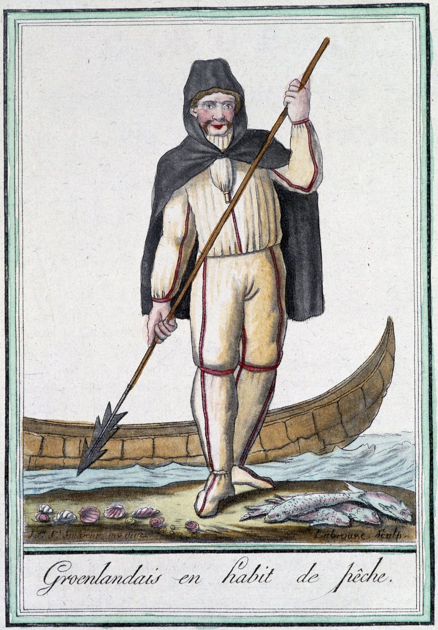 Grønlændere i fiskegrej - i “” Encyclopédie des voyages”” af Grasset Saint Sauveur, red. Paris 1796 af Jacques Grasset de Saint Sauveur
