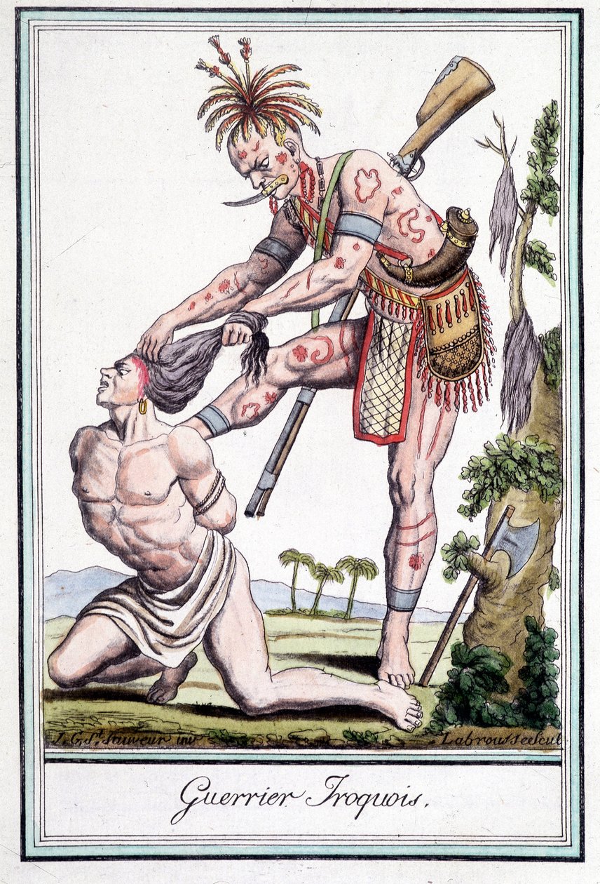 Iroquois-kriger skalperer sin fjende - i "" Encyclopedia of travels"" af Grasset St. Sauveur, Paris af Jacques Grasset de Saint Sauveur