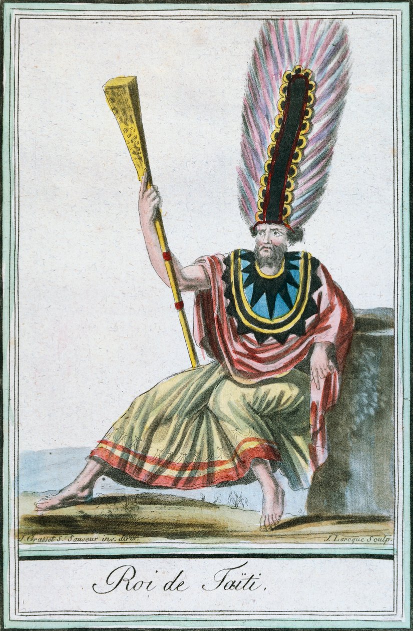 King of Tahiti, Society Islands, farvestik fra tegning af Labrousse (aktiv 1796) fra Encyclopedie des Voyages af Jacques Grasset de Saint-Sauveur (1757-1810) af Jacques Grasset de Saint Sauveur