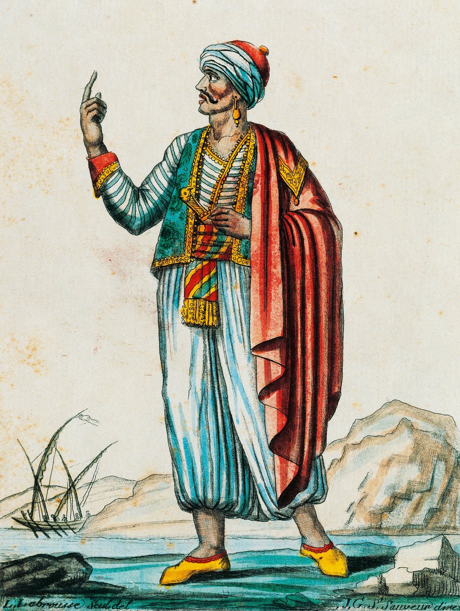 Mandsdragt fra barbariske og muslimske stater, farvestik fra tegning af Labrousse (aktiv 1796), fra Encyclopedie des Voyages, af Jacques Grasset de Saint-Sauveur (1757-1810) af Jacques Grasset de Saint Sauveur