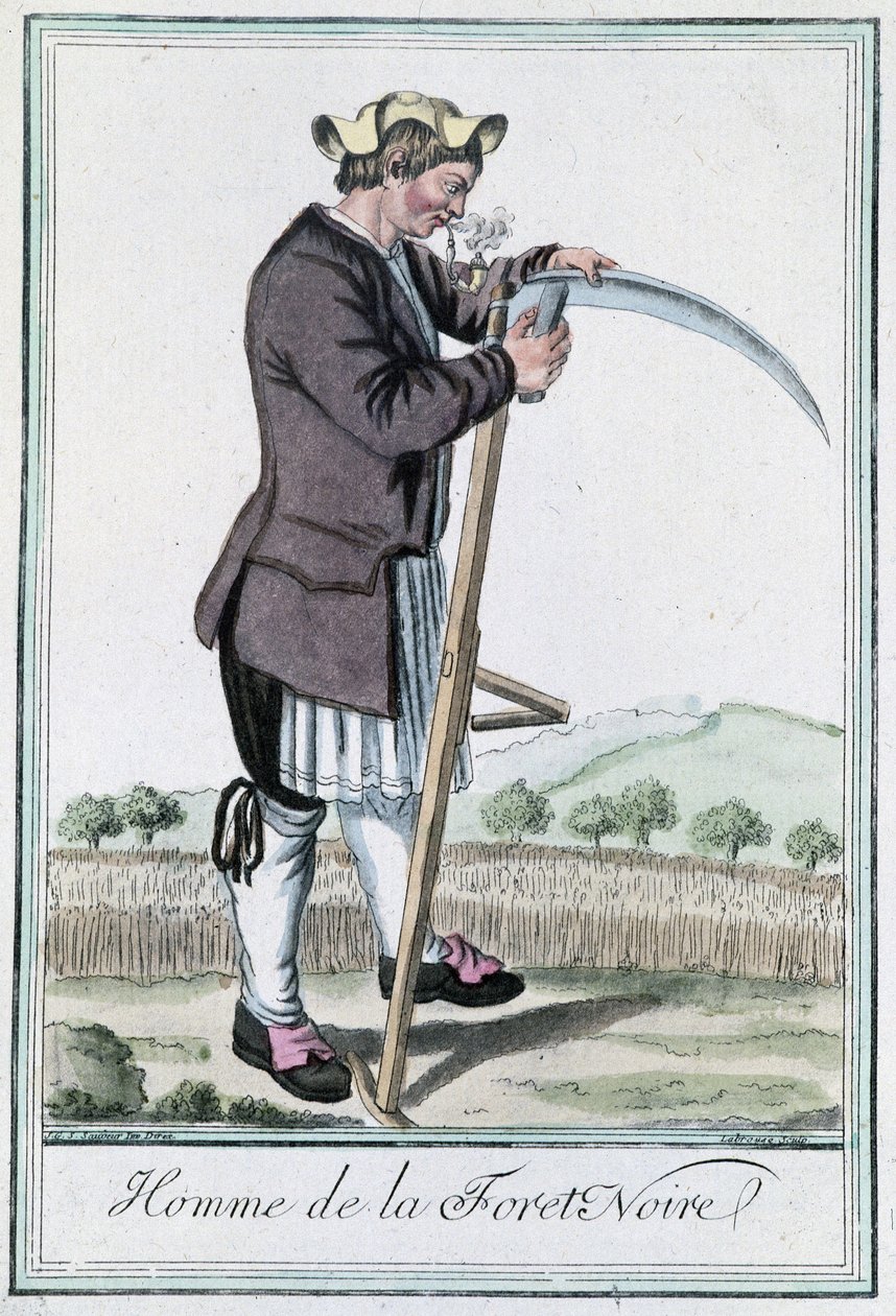 Man of the Black Forest, skærper sin falske til høsten - i”” Encyclopedia of Voyages””” af Grasset St. Sauveur, red. Deroy, Paris af Jacques Grasset de Saint Sauveur