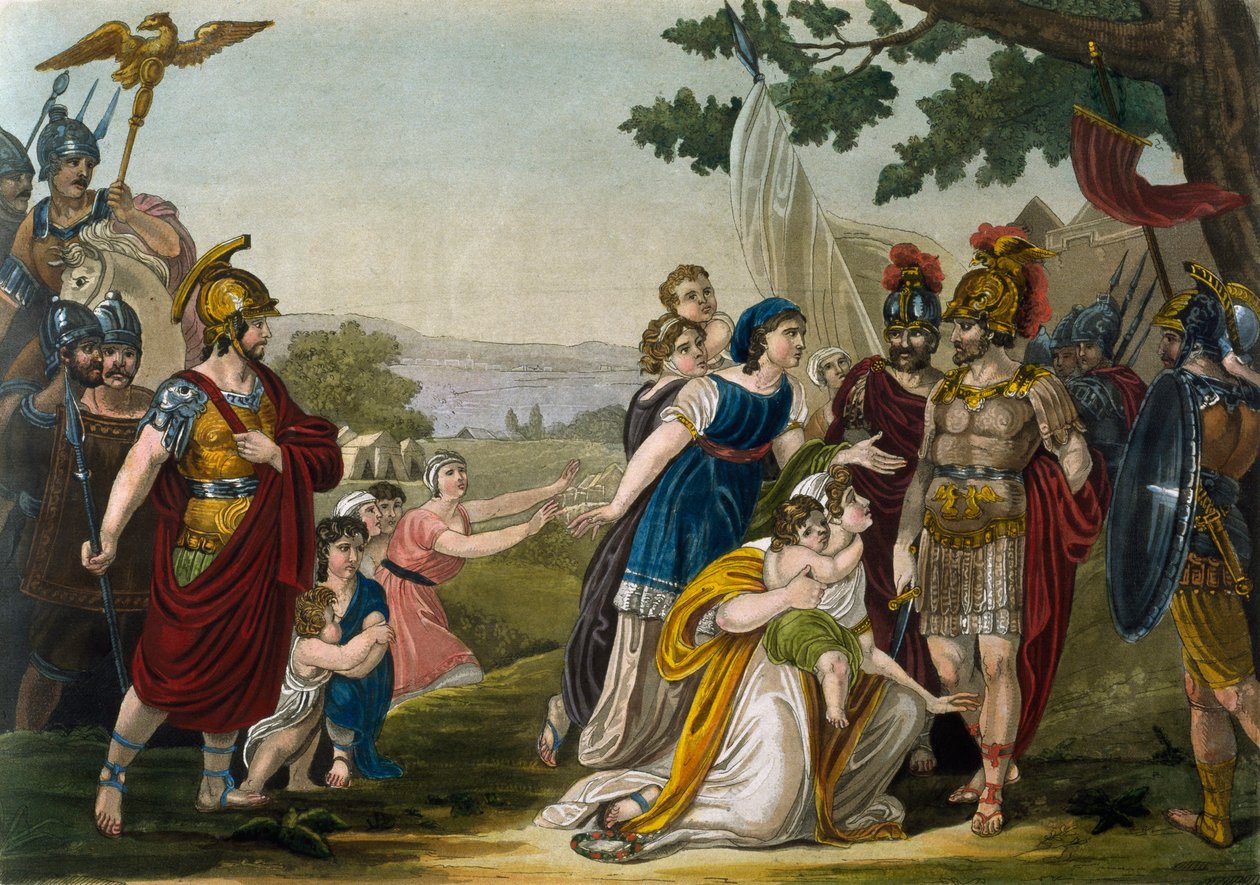 Voldtægt af sabinske kvinder, af Jacques Grasset de Saint-Sauveur (1757-1810), gravering fra det antikke Rom, eller historisk og billedlig beskrivelse af alt relateret til romerske folk, deres militær, skikke, religiøse og offentlige liv af Jacques Grasset de Saint Sauveur