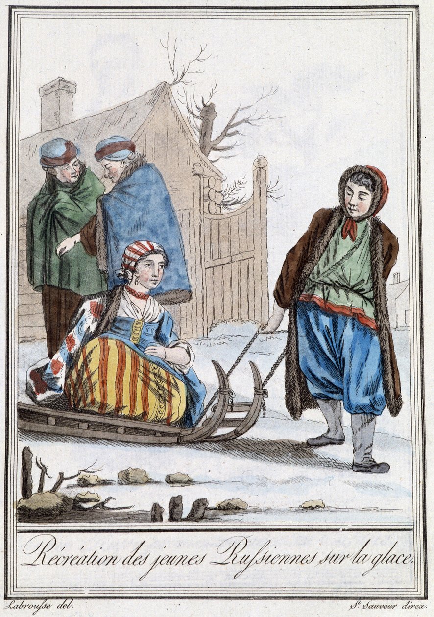 Rekreation af unge russere på kælk (russere) - i "" Encyclopedia of Travels"" af Grasset Saint Sauveur, red. Paris 1796 af Jacques Grasset de Saint Sauveur