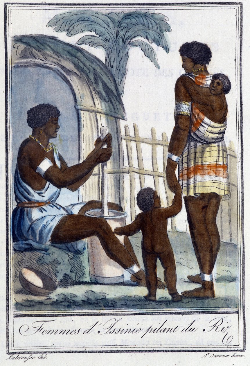 Kvinder fra Issinie banker på risen - i "" Encyclopedia of Travels"" af Grasset St. Sauveur, red. 1796 af Jacques Grasset de Saint Sauveur