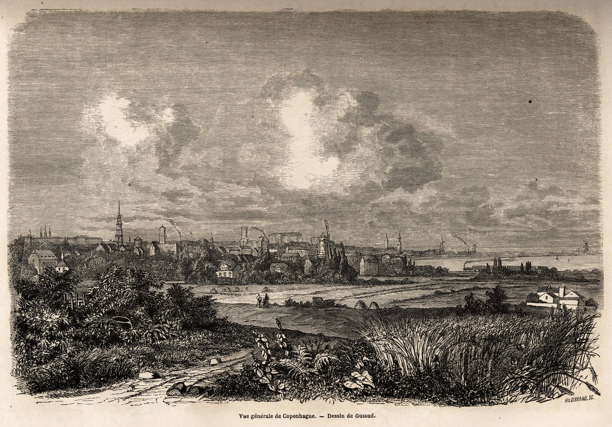Generelt billede af København, tegning af Jacques Guiaud (1810-1876), til illustration af J.M.Dargauds rejse til Danmark (1800-1860), i 1860. Indgravering i “” Le tour du monde””, redigeret af Edouard Charton af Jacques Guiaud