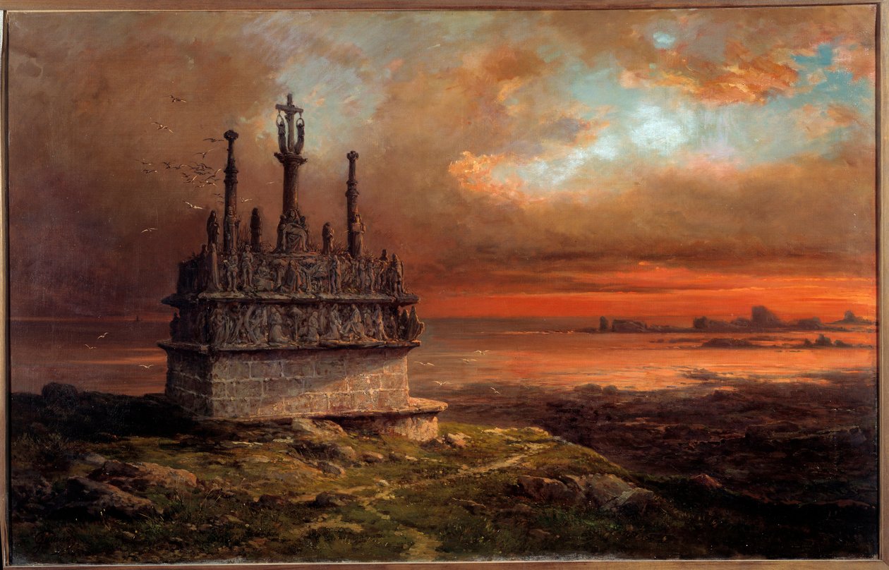 Golgata Tronoen i solnedgangsmaleriet af Jacques Guiaud (1811-1876) Brest fra det 19. århundrede, Musee des Beaux Arts af Jacques Guiaud