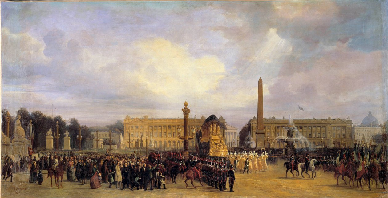 Tilbagekomsten af asken fra Napoleon I (1769-1821) i Paris den 15/12/1840: kortegen krydser Place de la Concorde Maleri af Jacques Guiaud (1811-1876) 1841 Søn. 1,05x2,17 m. af Jacques Guiaud