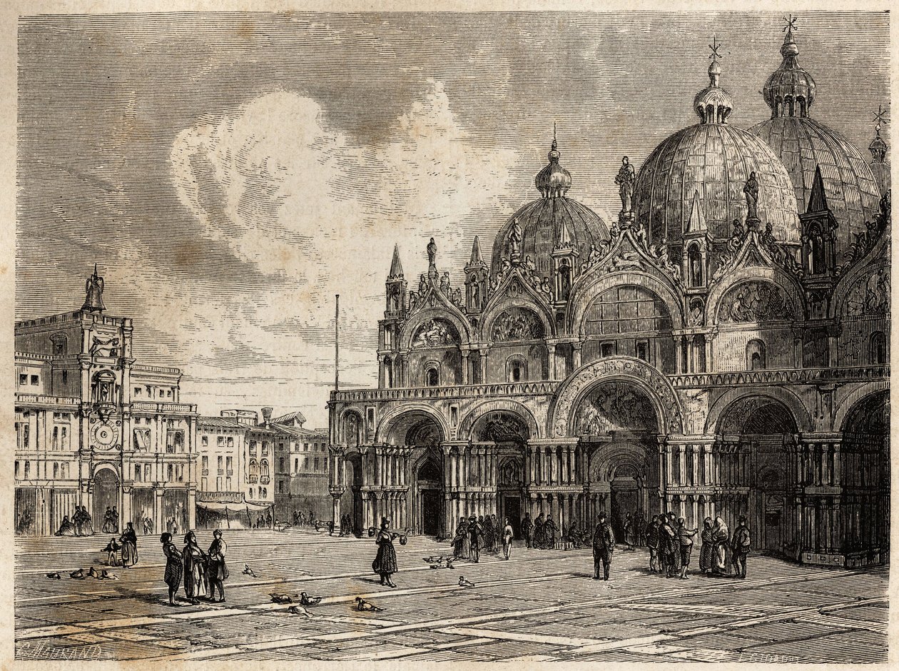 Pladsen og Markuskirken (Saint Mark), tegning af Jacques Guiaud (1810-1876), for at illustrere Adalbert de Beaumonts rejse til Venedig, omkring 1850. Indgravering i “” Le tour du monde””, redigeret af Edouard Charton af Jacques Guiaud