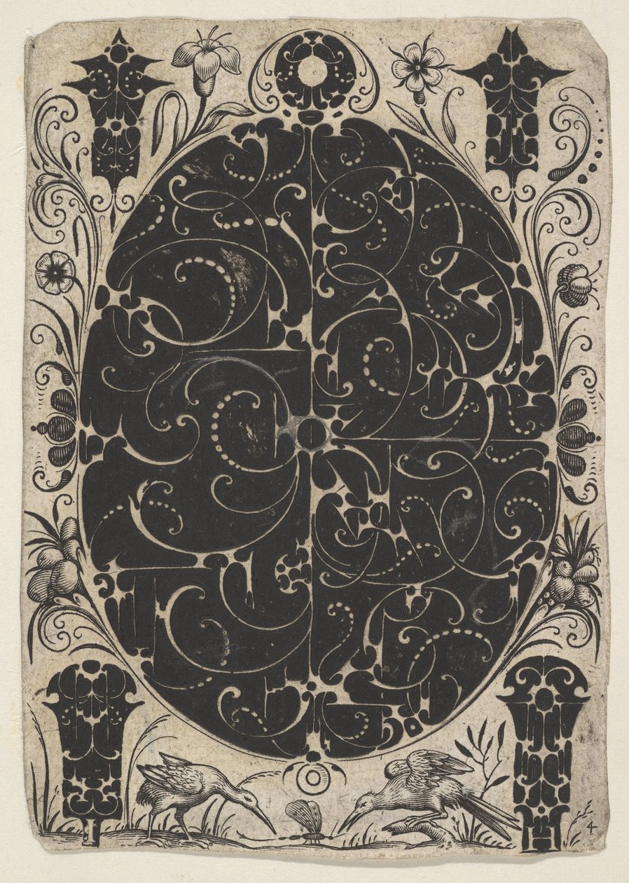 Oval kasse dekoreret med Schweifwerk i to varianter, omgivet af mindre motiver..., ca. 1614-19. af Jacques Hurtu