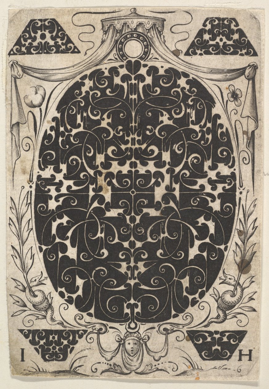 Ovalt vedhæng dekoreret med Schweifwerk, omgivet af mindre motiver og kronet b..., ca. 1614-19. af Jacques Hurtu
