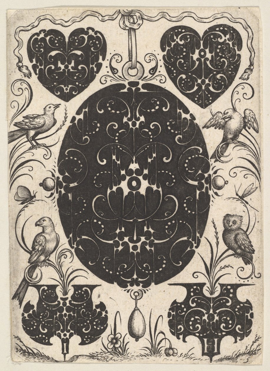 Ovalt vedhæng dekoreret med Schweifwerk, omgivet af mindre motiver og fire fugle, ca. 1614-19. af Jacques Hurtu