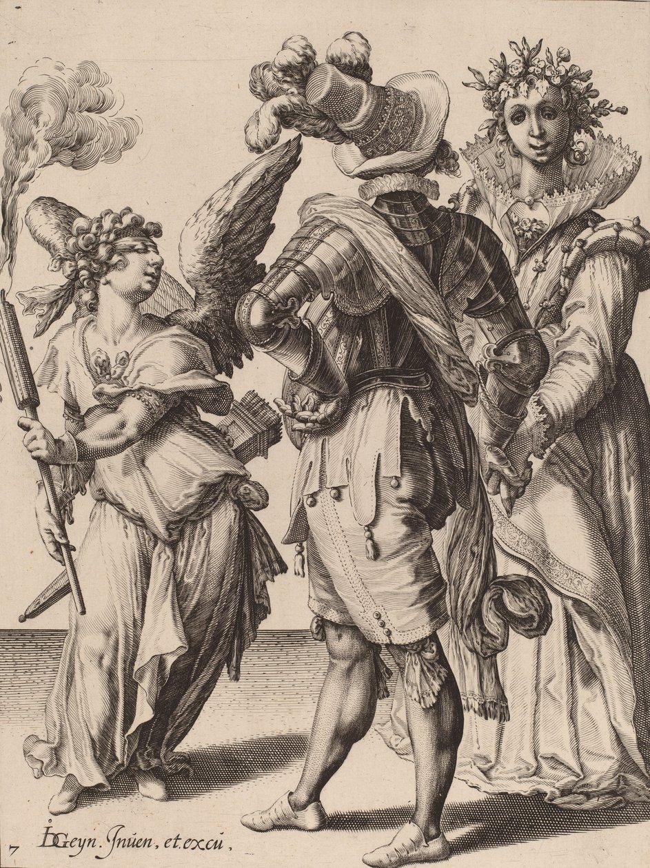 En amor med bind for øjnene, der holder en fakkel foran et par, tilskrevet Zacharias Dolendo, 1595-6 (gravering på lagt papir) af Jacques II de Gheyn