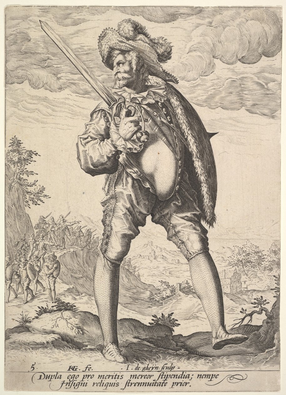 Soldat, bevæbnet med bredsværd og skjold, fra officerer og soldater, 1587. af Jacques II de Gheyn