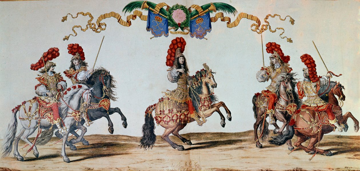 Karrusel af 1662: Kong Ludvig XIV og ridderne deltager i karrusellen af 1662 i Paris (gravering) af Jacques I Bailly