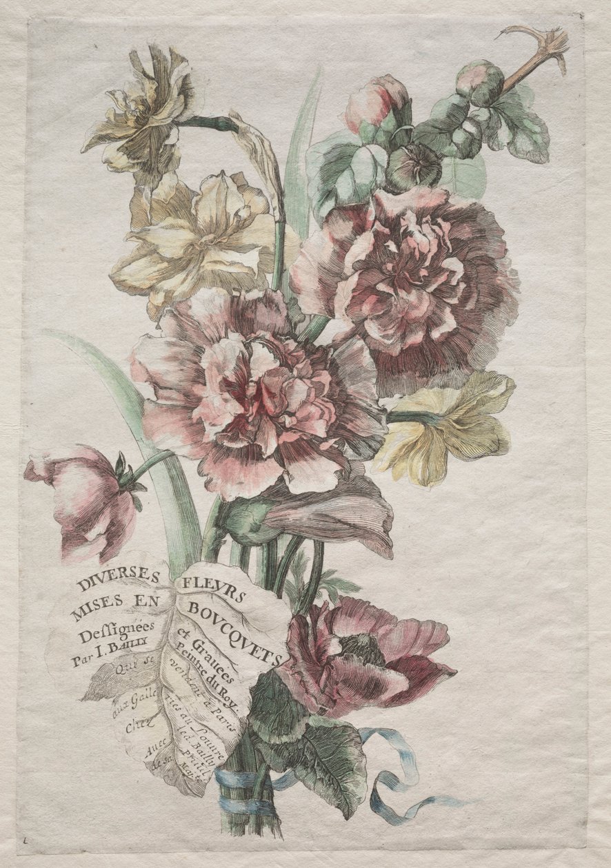 Forskellige blomster i buketter: Nr. 1 - Stokroser og Narcisser, ca. 1670. af Jacques I Bailly
