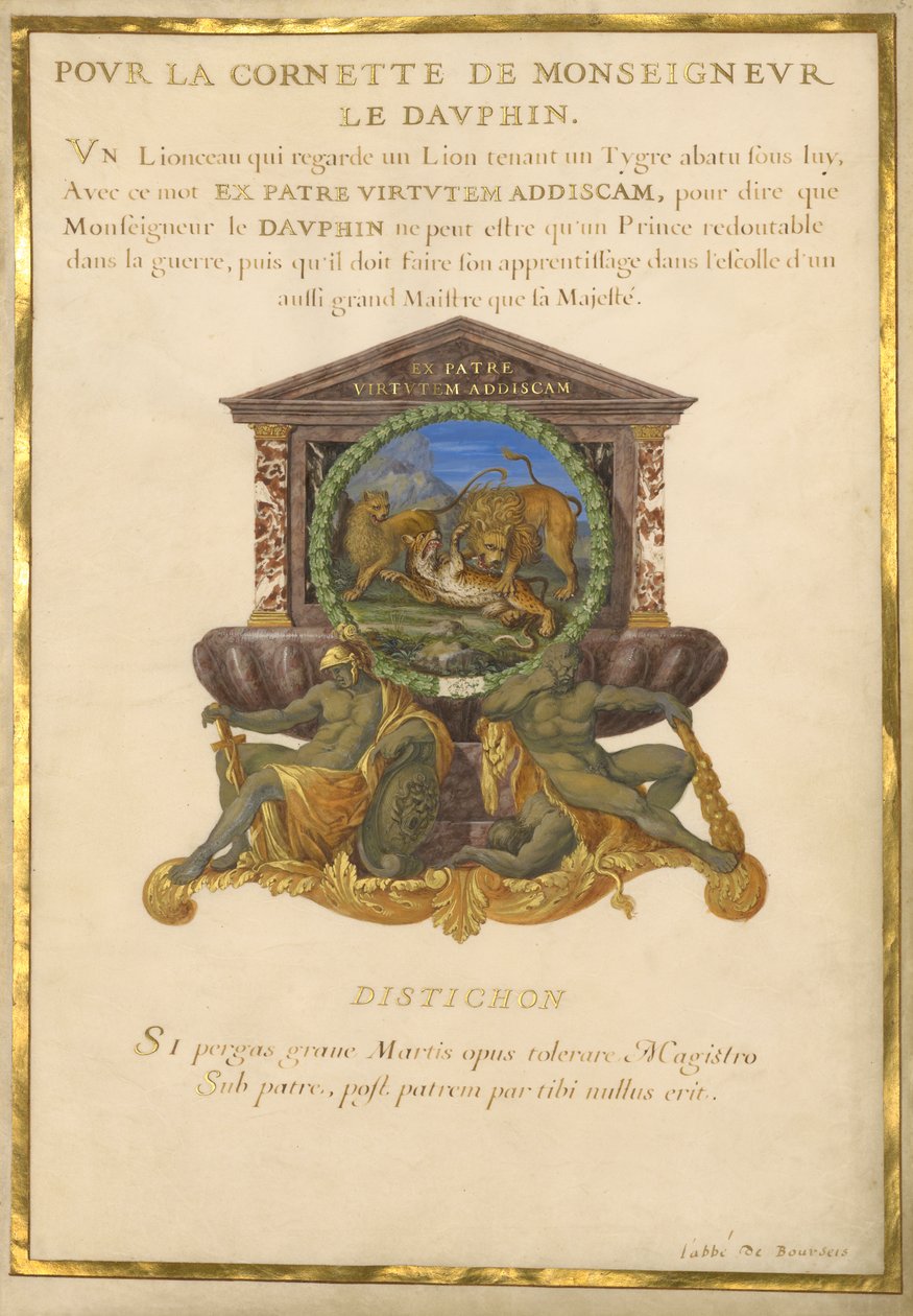 Ms. 11 (4) f.5, Emblem for Ludvig XIV, ca. 1663-68 (gouache & guld på pergament) af Jacques I Bailly