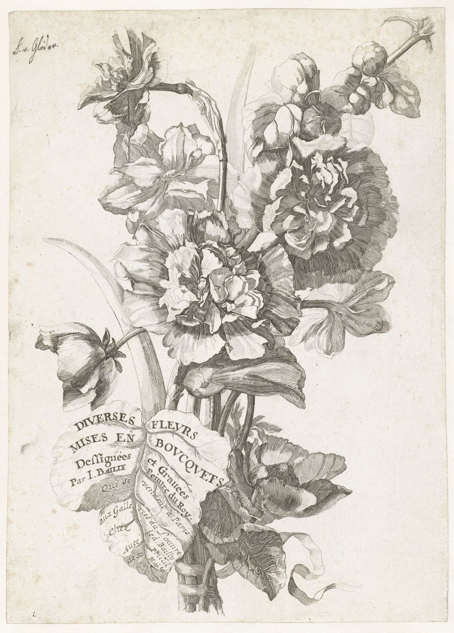 Titelblad med en buket pæoner, fra Diverses Fleurs mises en Bouquets, ca. 1670 af Jacques I Bailly
