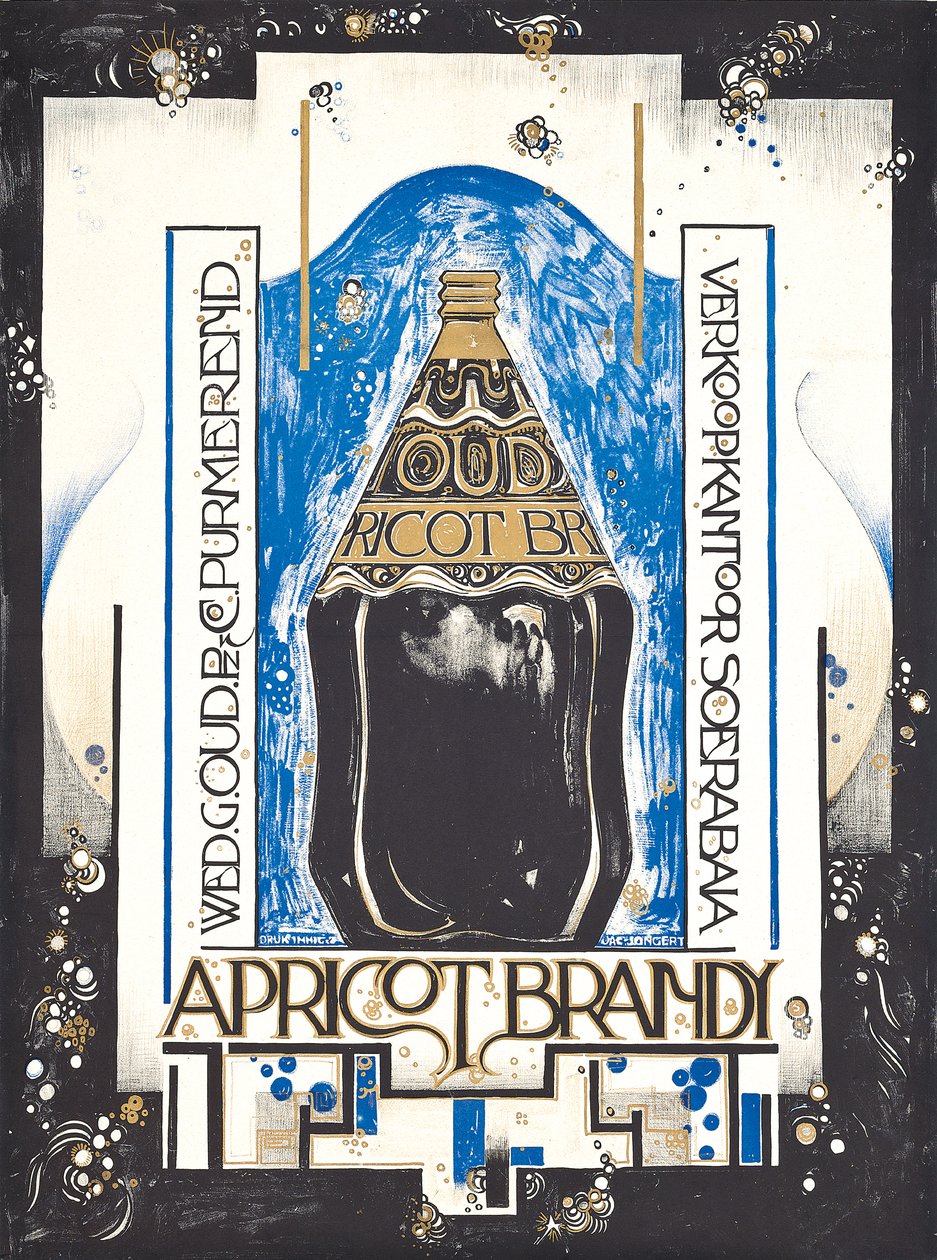 Plakat med reklame for abrikosbrandy, for vin- og sherrysælgeren Oud, ca. 1920 (farve litho) af Jacques Jongert