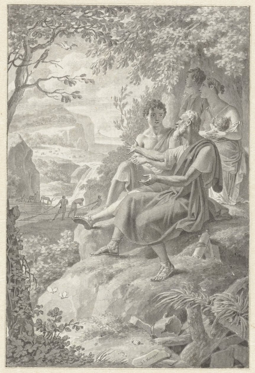 Design til en bogillustration med en gammel historiefortæller, en ung familie og alle slags dyr af Jacques Kuyper