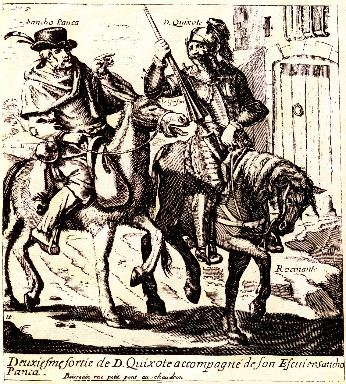 Don Quijote på Rossinante, ledsaget af Sancho Panca på sit æsel Grison, ca. 1640 (illustration) af Jacques Lagniet
