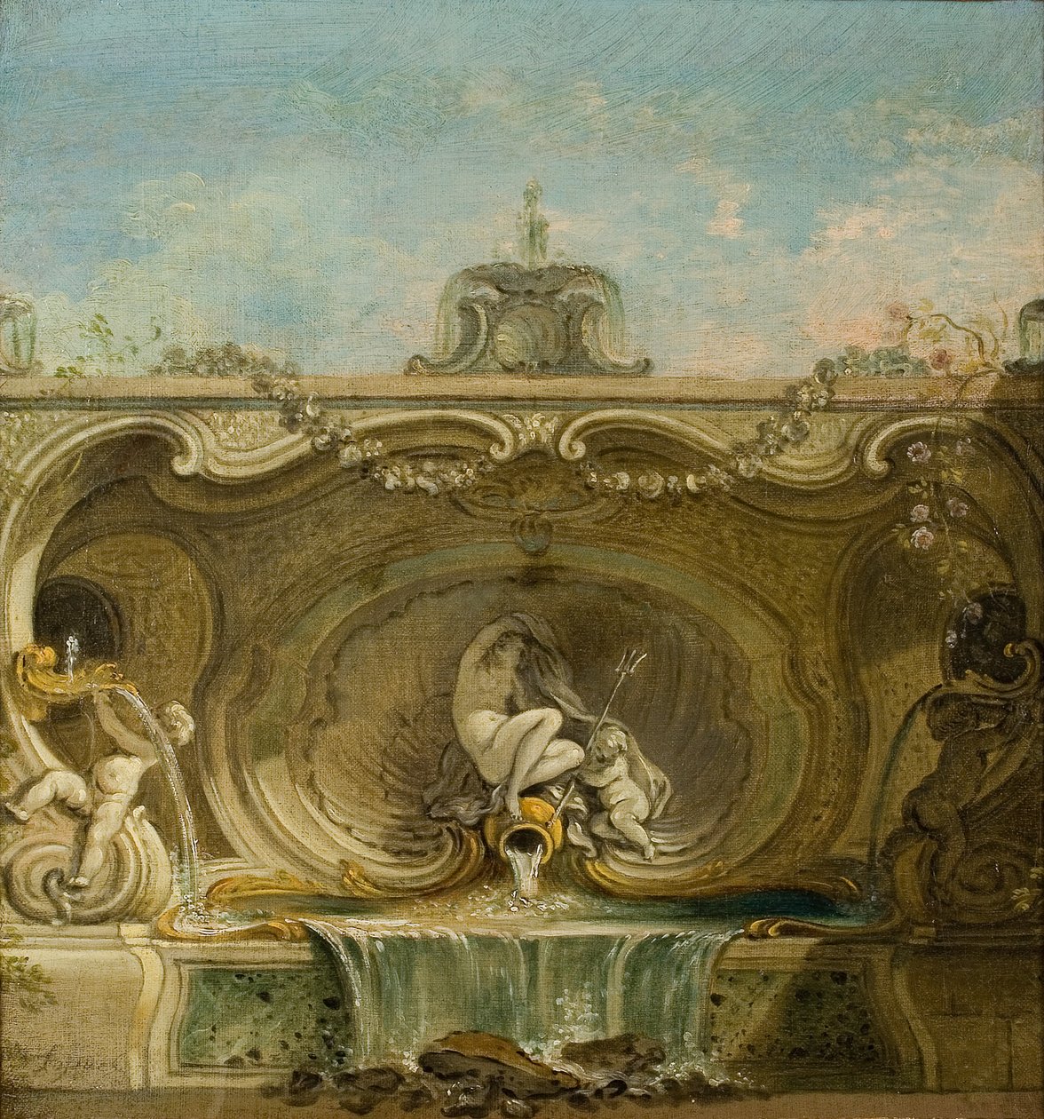 Design af springvand. Naiad og Putto, ca. 1740. af Jacques Lajoue de