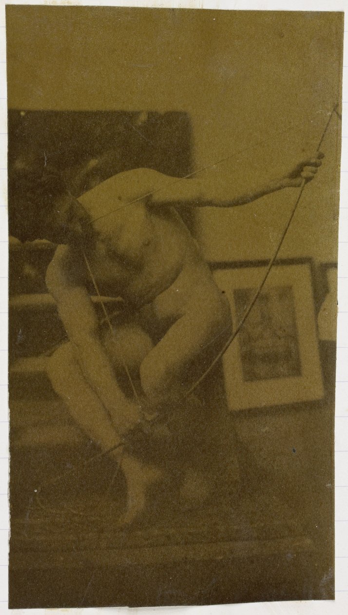 Studie af en mandlig nøgenmodel, der sidder på hug med en sløjfe i hånden, set forfra, i Jacques de Lalaings studie af Jacques Lalaing (attributed to)