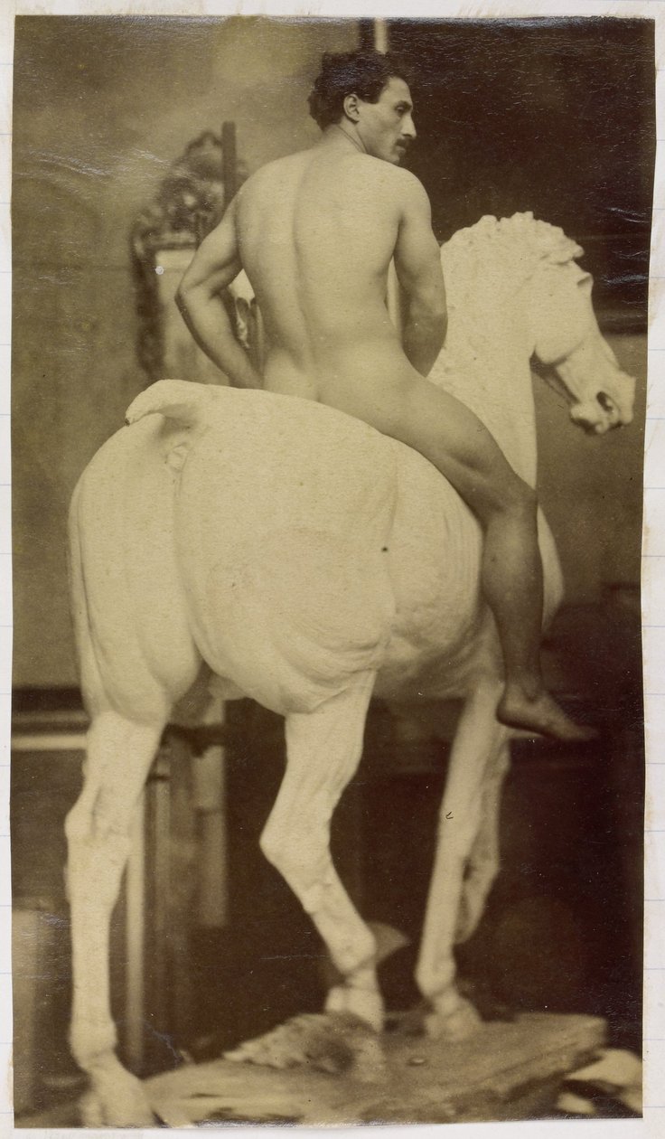 Studie af en mandlig nøgenmodel, siddende på en gipshest, i Jacques de Lalaings atelier, mulig forundersøgelse til Equestrian Portrait, Museum of Fine Arts Gent af Jacques Lalaing (attributed to)