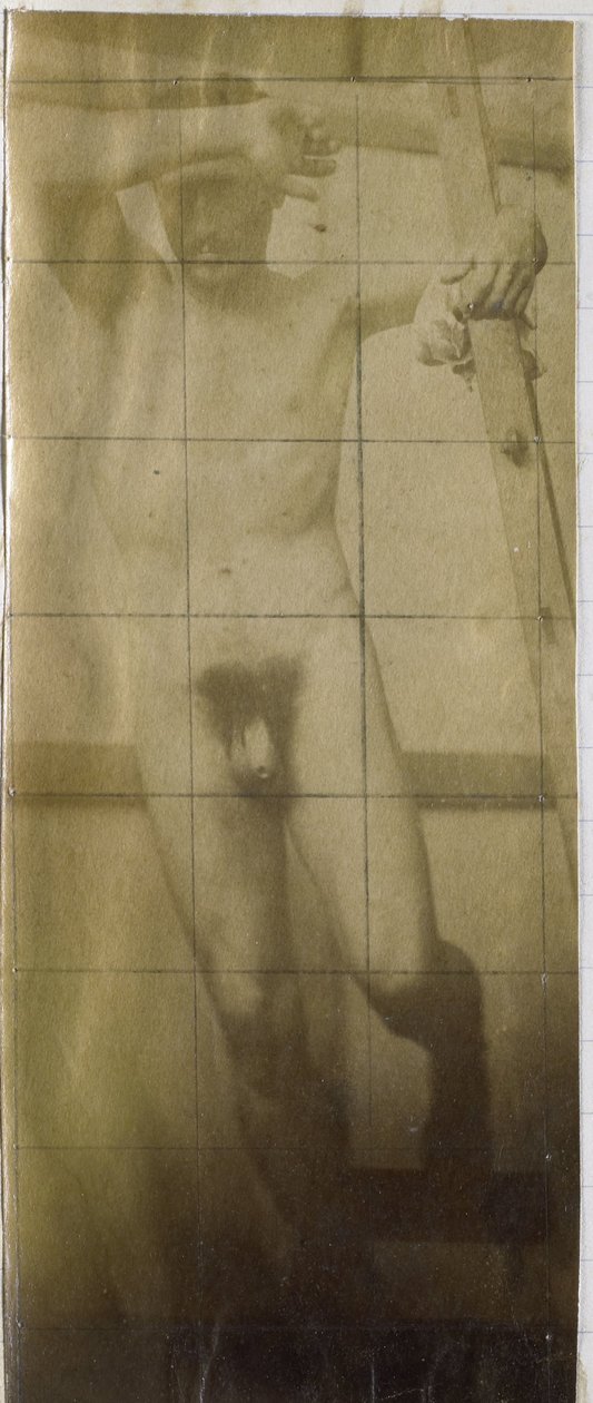 Studie af en mandlig nøgenmodel, hængende på et træstillads, i Jacques de Lalaings studie af Jacques Lalaing (attributed to)