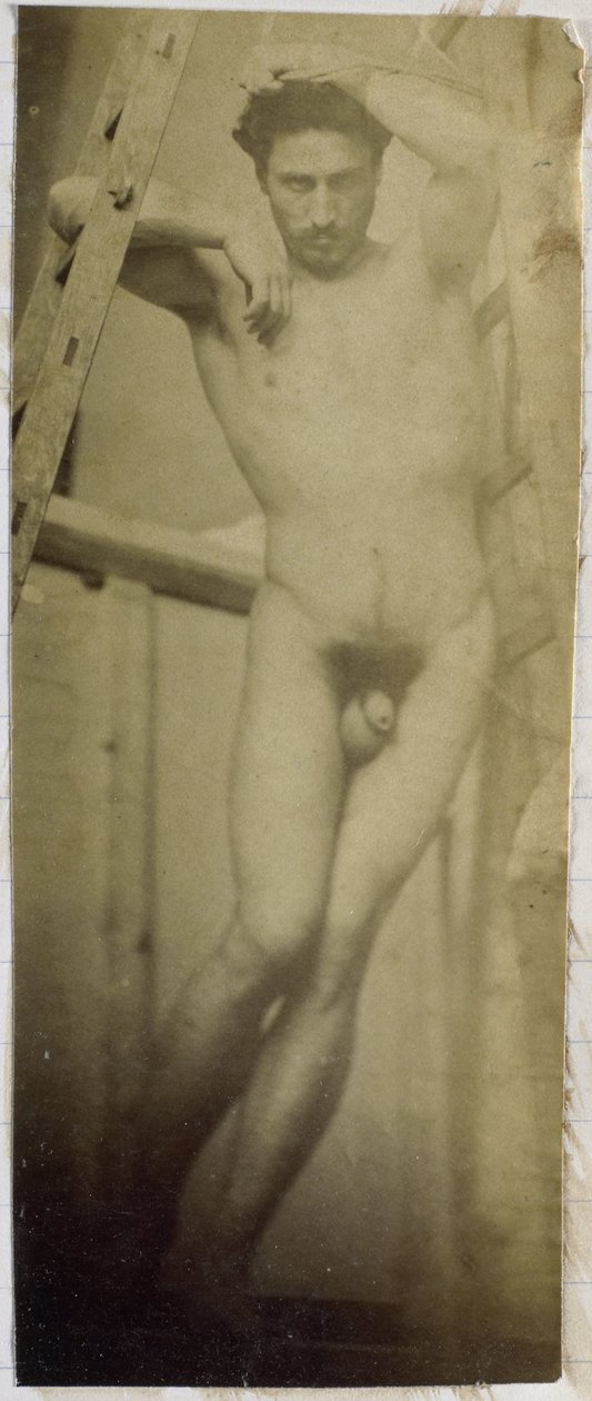 Studie af en mandlig nøgenmodel, hængende i et træstillads, i Jacques de Lalaings studie af Jacques Lalaing (attributed to)