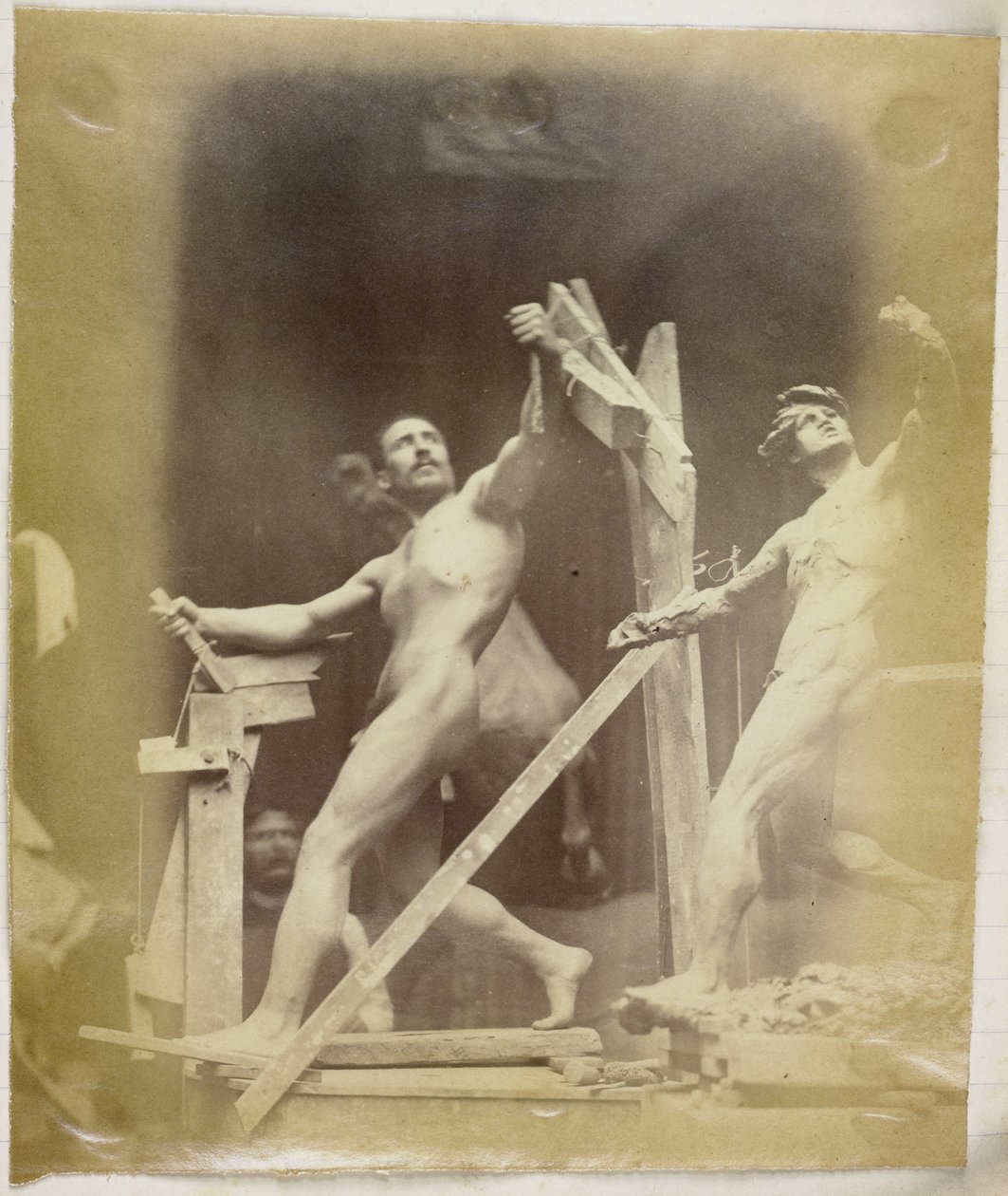 Studie af en mandlig nøgenmodel i et stillads, set fra siden og ved siden af ​​en gipsmodel i samme positur, i Jacques de Lalaings studie af Jacques Lalaing (attributed to)